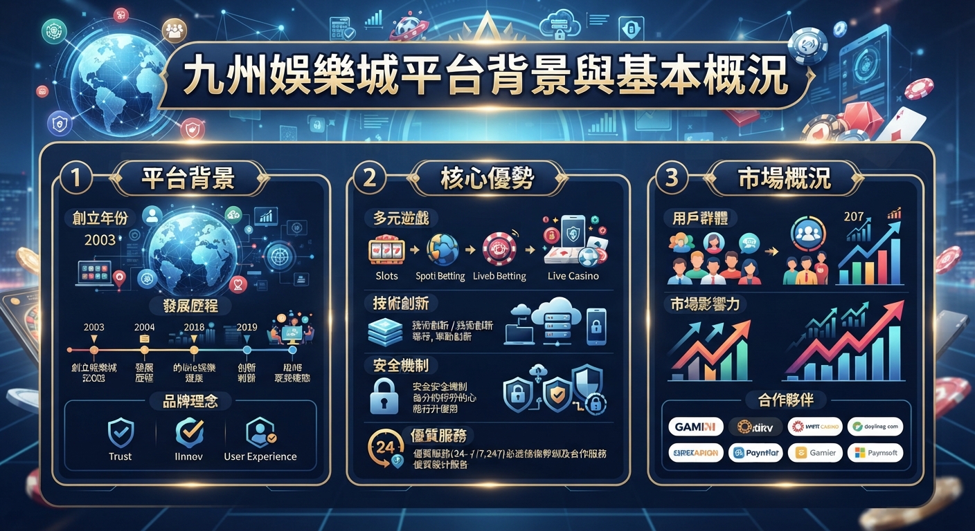 這是一張以「九州娛樂城平台背景與基本概況」為主題的科技風格資訊圖表。 畫面採用深藍色調,並以圖示與區塊展示了平台背景、核心優勢與市場概況。