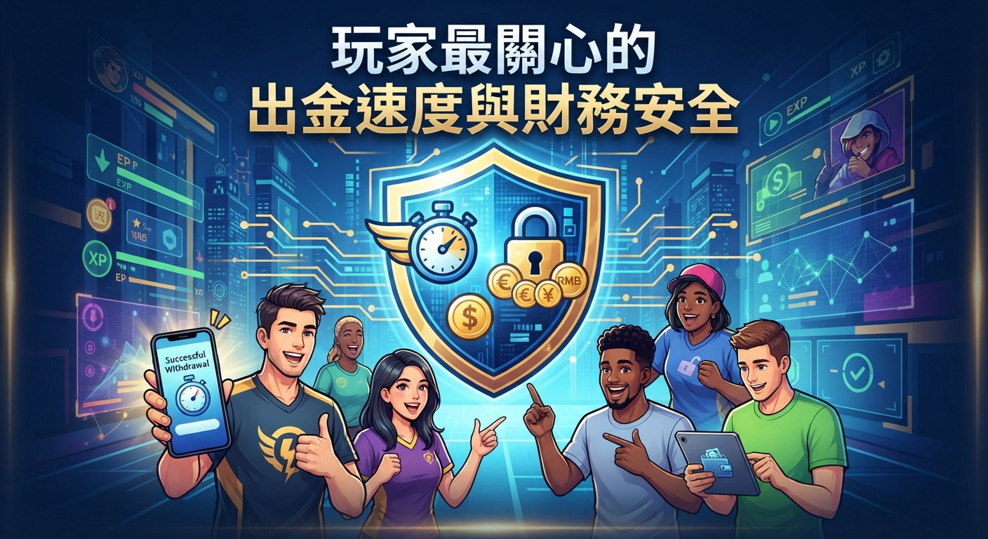 這張圖片的主題是「玩家最關心的出金速度與財務安全」,畫面中結合了代表快速出金的碼錶與象徵財務安全的盾牌與鎖頭。 多位玩家正開心地展示手機上的成功交易畫面與數位錢包,展現出安全、高效且值得信賴的遊戲財務體驗。